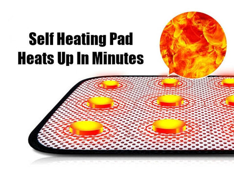 Illustration of how the self heating tourmaline pad works in providing hot compress therapy to combat back pain..