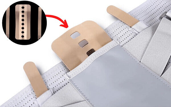 The steel support plates and side splints can be removed from slot pockets built into the back of LumbarMate.