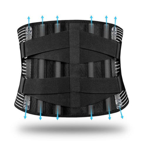 LumbarPro uses an array of aluminum stays and springs for strong support of the lower back.