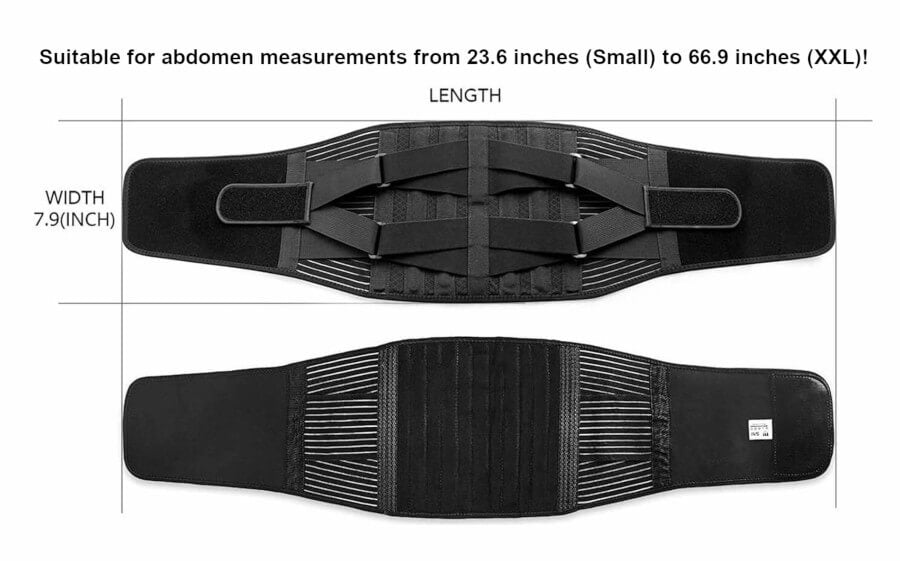 Profile image of the LumbarPro back brace that covers a abdomen measurement from 23.6 inches to 66.9 inches.