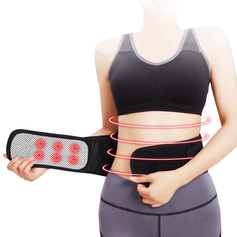 Image of a woman wearing the ThermoTherapy belt, a self heating back brace to relief back and abdominal pain.