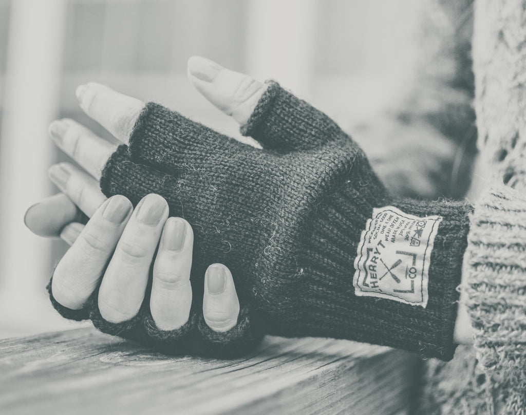 leather and wool fingerless gloves