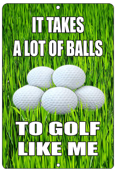An image of an aluminum sign with a grass background and golf balls in the middle with white lettering