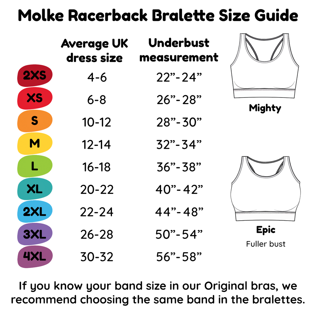 Molke Bralette Size chart - 2XS - UK size 4-6, XS - UK size 6-8, S - UK size 10-12, M - UK size 12-14, L - UK size 16-18, XL - UK size 20-22, 2XL - UK size 22-24, 3XL - UK size 26-28, 4XL - UK size 30-32