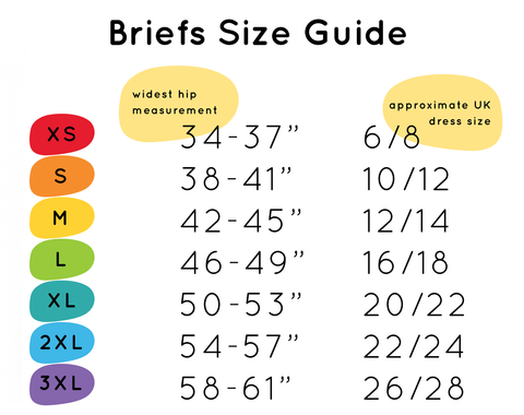 Briefs size guide: size 6/8 - XS, size 10/12- S, size 12/14 - M, size 16/18 - L, size 20/22 - XL, size 22/24 - 2XL, size 26/28 - 3XL. Please email pixie@molke.co.uk if you have any questions about sizing.
