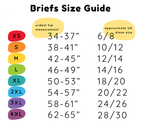 Briefs Size guide - XS - UK 6/8, S - UK 10/12, M - UK 12/14, L - UK 14/16, XL - UK 18/20, 2XL - UK 20/22, 3XL - UK 24/26, 4XL - UK 28/30  Please contact us at pixie@molke.co.uk for help with sizing.