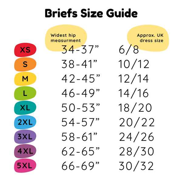 Molke briefs size chart - please contact us at pixie@molke.co.uk for help with sizing