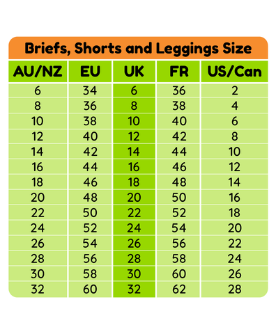 Briefs Shorts and Leggings international size chart - please contact us at pixie@molke.co.uk for help with this