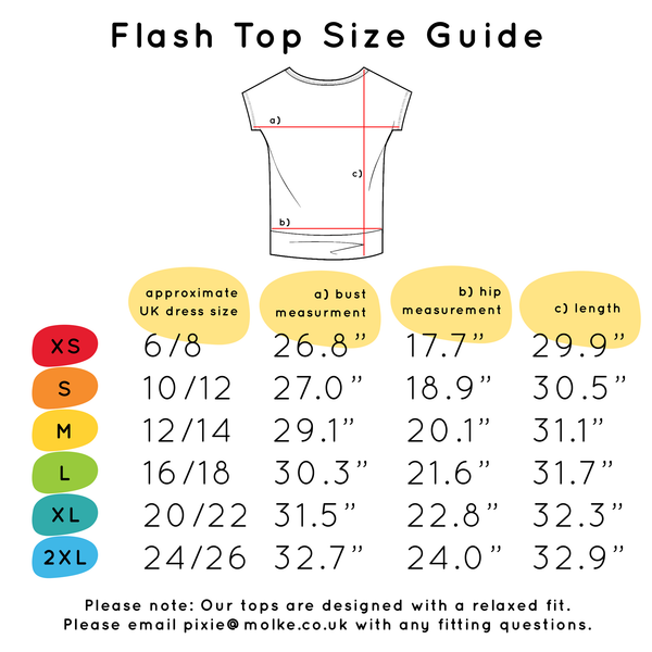 Flash Top Size Guide: Extra Small 6-8, Small 10-12, Medium 12-14, Large 16-18, Extra Large 20-22, 2XL 24-26. There are also Bust, Hip and Length measurements but please email pixie@molke.co.uk for more info.