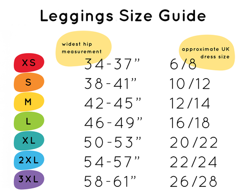 Molke Leggings Size Guide: XS - UK 6/8, S - UK 10/12, M - UK 12/14, L - UK 16/18, XL - UK 20/22, 2XL - UK 22/24, 3XL - UK 26/28 - please contact us at pixie@molke.co.uk if you have any questions on sizing.
