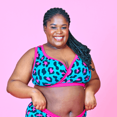 Kayla is wearing a Teal and hot pink Leopard print bra