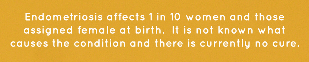 Golden yellow background with white text which reads "Endometriosis affects 1 in 10 women and those assigned female at birth. It is not known what causes Endometriosis and currently there is no cure."