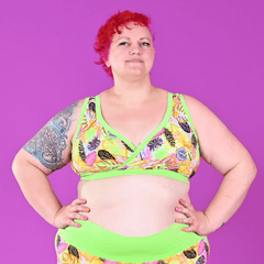 Claire is wearing a colourful Calypso bra