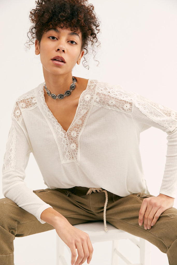 Free People Lace Sleeve Sleeve Detail Henley Shirt