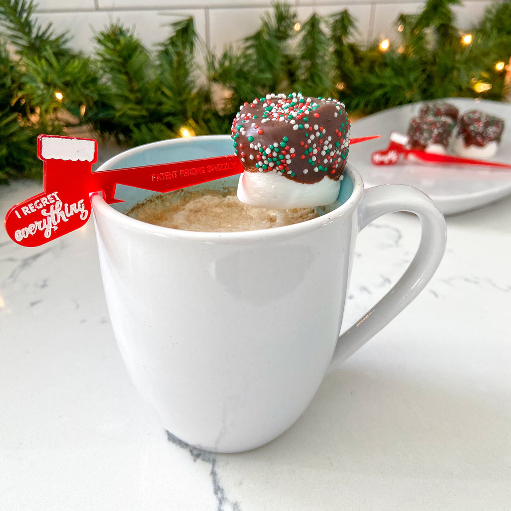 Holiday Swizzly cocktail stick with chocolate dipped marshmallow