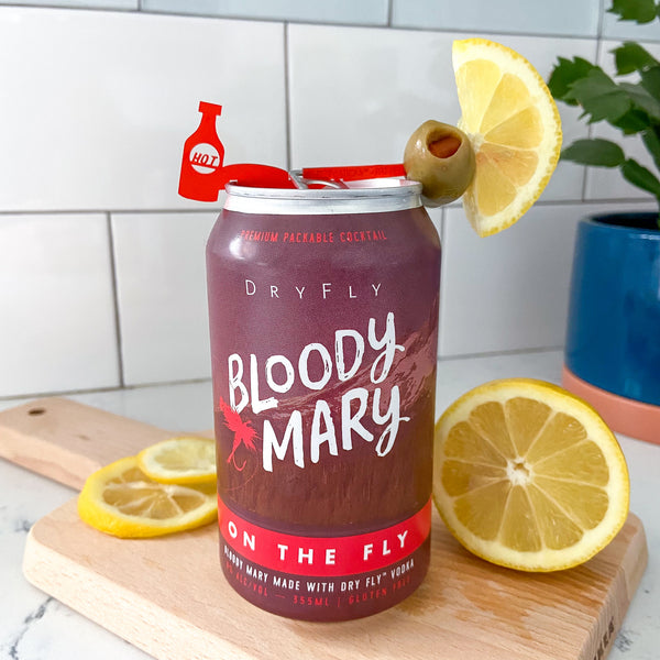 Dry Fly pre-made Bloody Mary canned cocktail styled with a Swizzly Stick