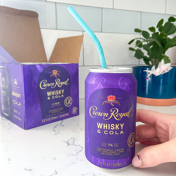 Crown Royal Whiskey and Cola can with bendy paper straw from The Pursuit of Cocktails