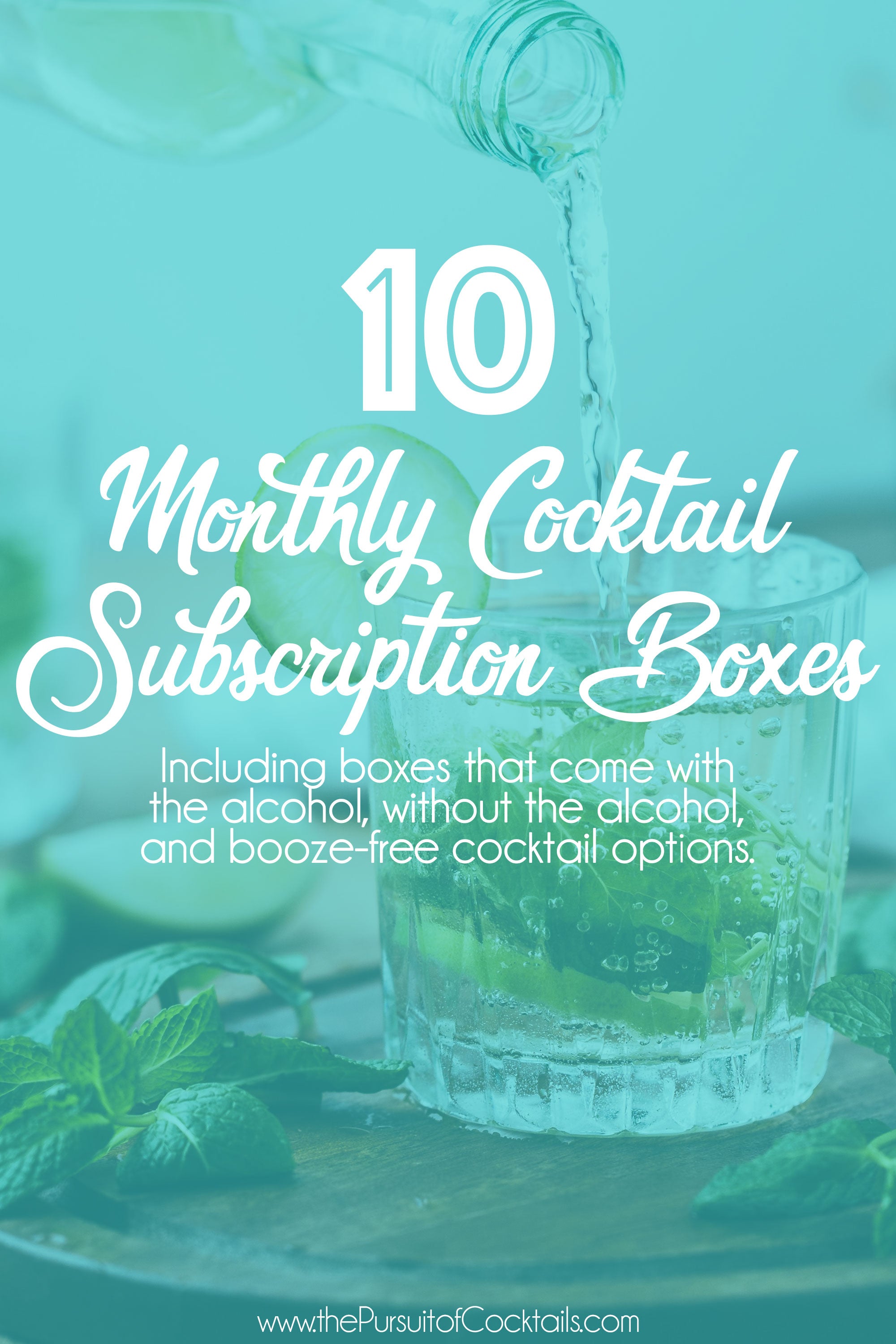 Monthly cocktail subscription boxes with alcohol, without alcohol, and mocktail recipe options.