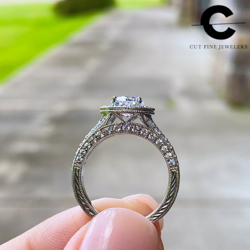 18K White Gold Hidden Halo Cathedral & Diamond Bridge Engagement