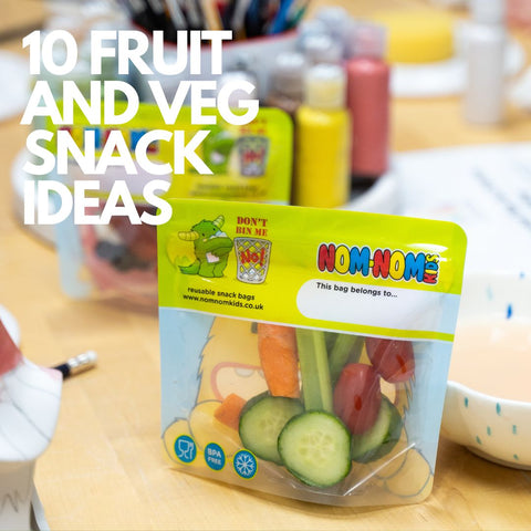 10 fruit and veg snack ideas: a nom nom kids reusable snack bag on a table 