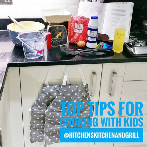 top tips for cooking with kids, kitchen set up ready to start cooking