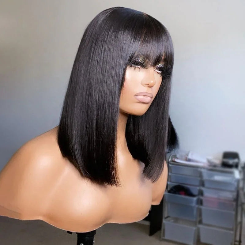 Thick Density Glueless Peruvian Bob Wigs Lace Front Pixie Human Hair Fringes Swiss Transparent Lace Frontal Wigs for Black Women