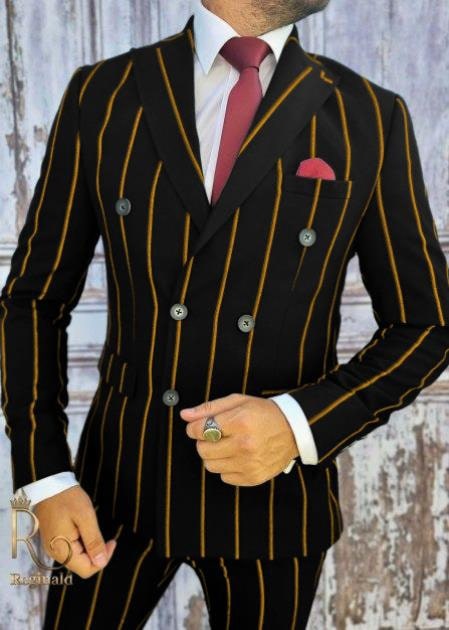 1920s Style Suit - Gangster Suit - Pinstripe Suit - Double Breasted Suits - Black And Gold Pinstripe