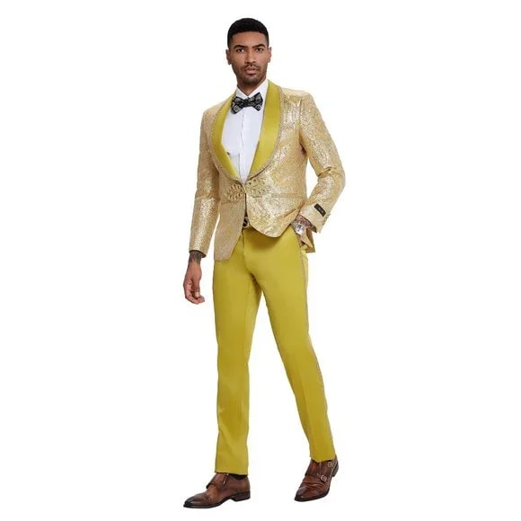 2024 Prom Special Mustard Paisley 2pc Mens Suit by Tazzio