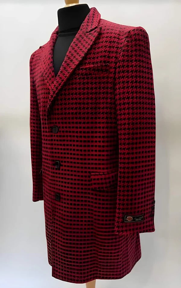 Mens Plaid Overcoat - Houndstooth Single Breasted Checker Pattern Red Topcoat