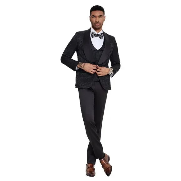 2024 Black Paisley 3pc Men's Suit Tuxedo by Tazzio