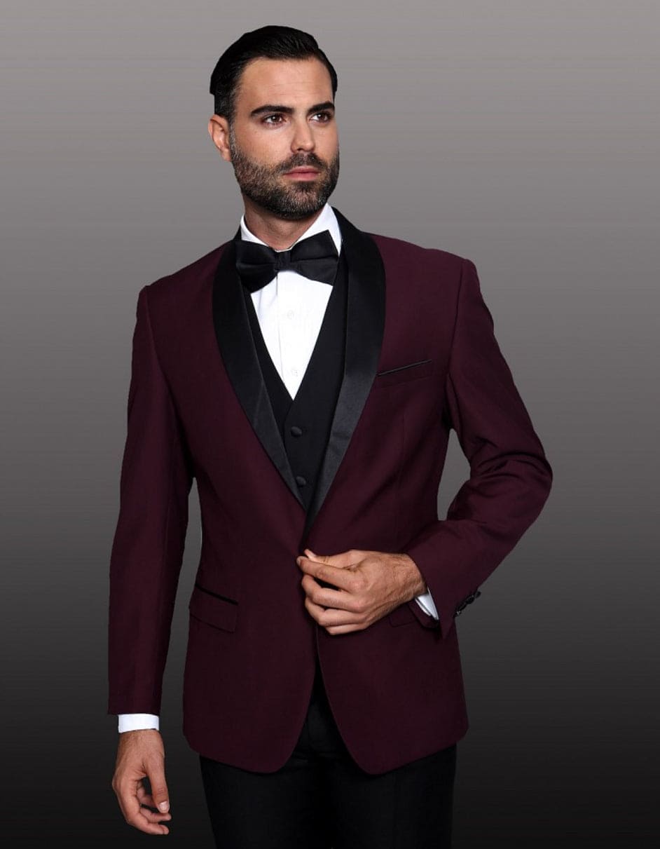 Mens 1 Button Shawl Lapel Wool Dinner  Classic Jacket  Burgundy