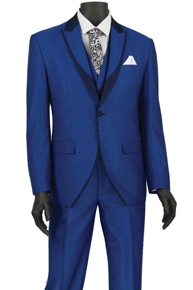 Mens 1 Button Trim Peak Vested Tuxedo Suit in Blue