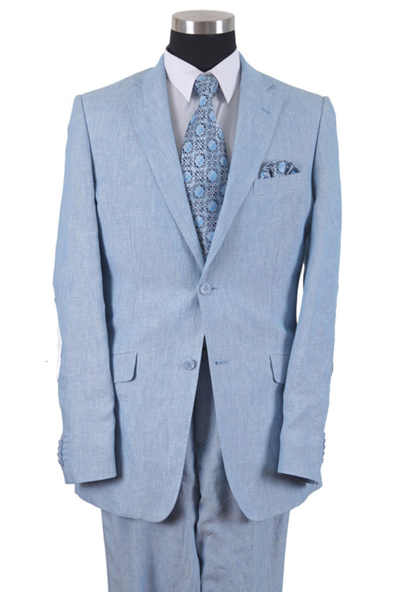 Mens 2 Button 100% Light Blue Linen Suit