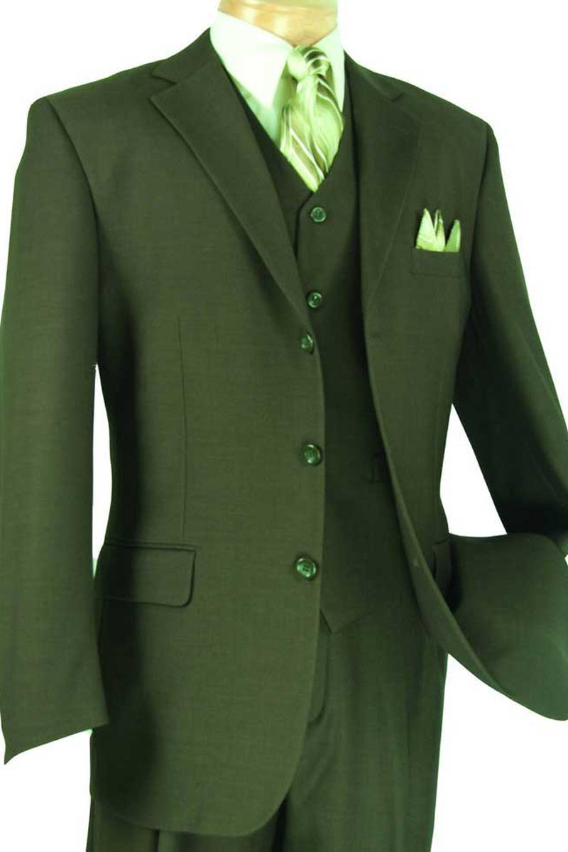 Mens 2 Button Vested Basic Wool Feel Suit in Olive