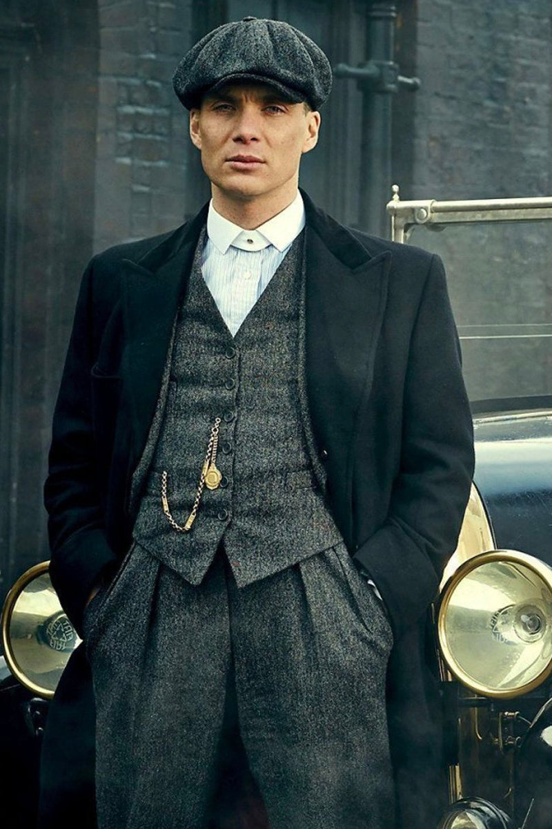 Mens Peaky Blinders Costume Thomas Shelby Grey 3 Piece Suit with Black Overcoat & Hat