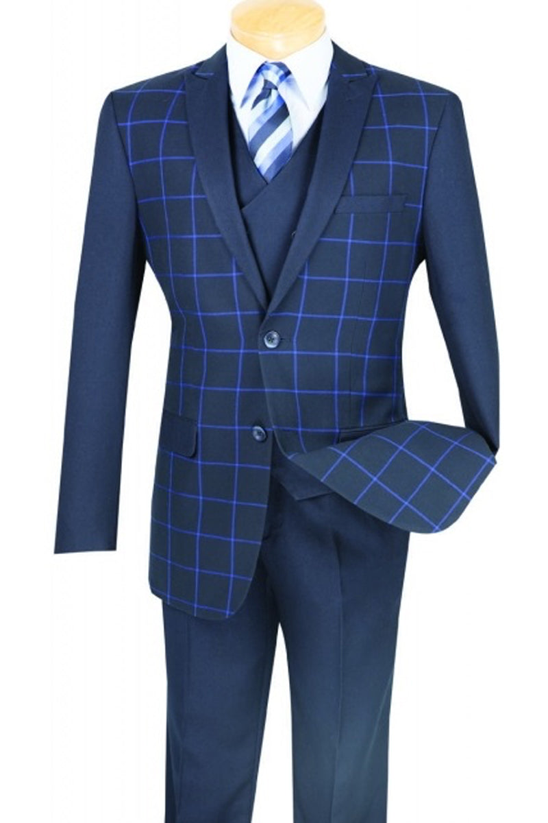 Mens 2 button Windowpane Blazer with Solid Sleeves in Navy