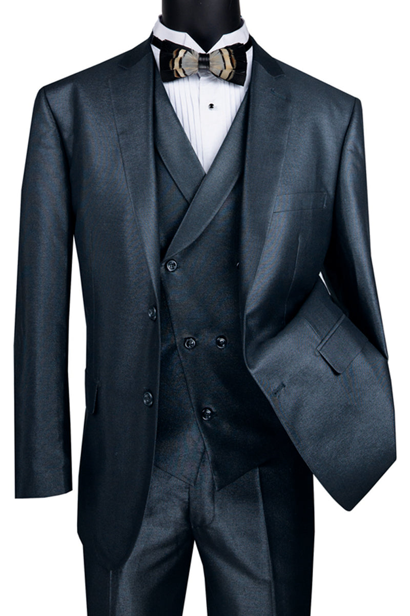 Mens 2 Button Sharkskin Suit with Double Breasted Vest in Blue