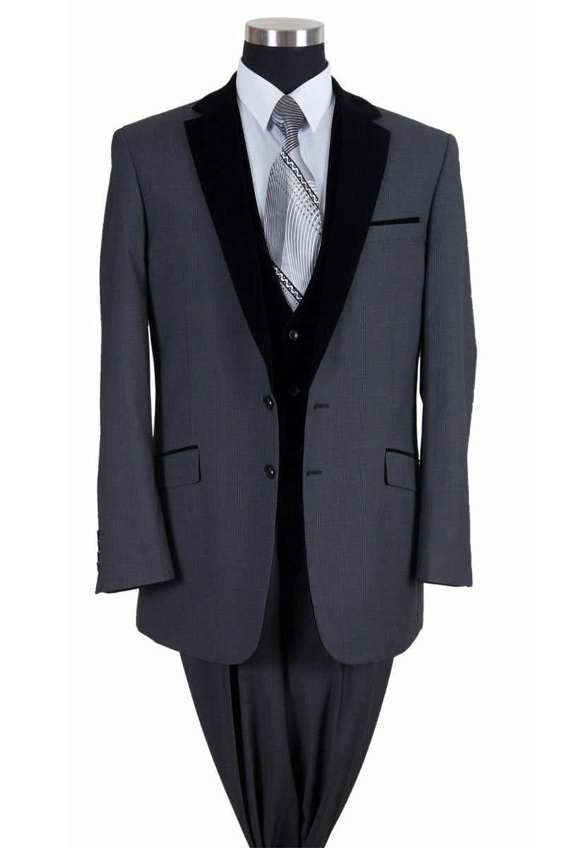 Mens Vested 2 Button Suit with Black Velvet Collar and Vest in Black