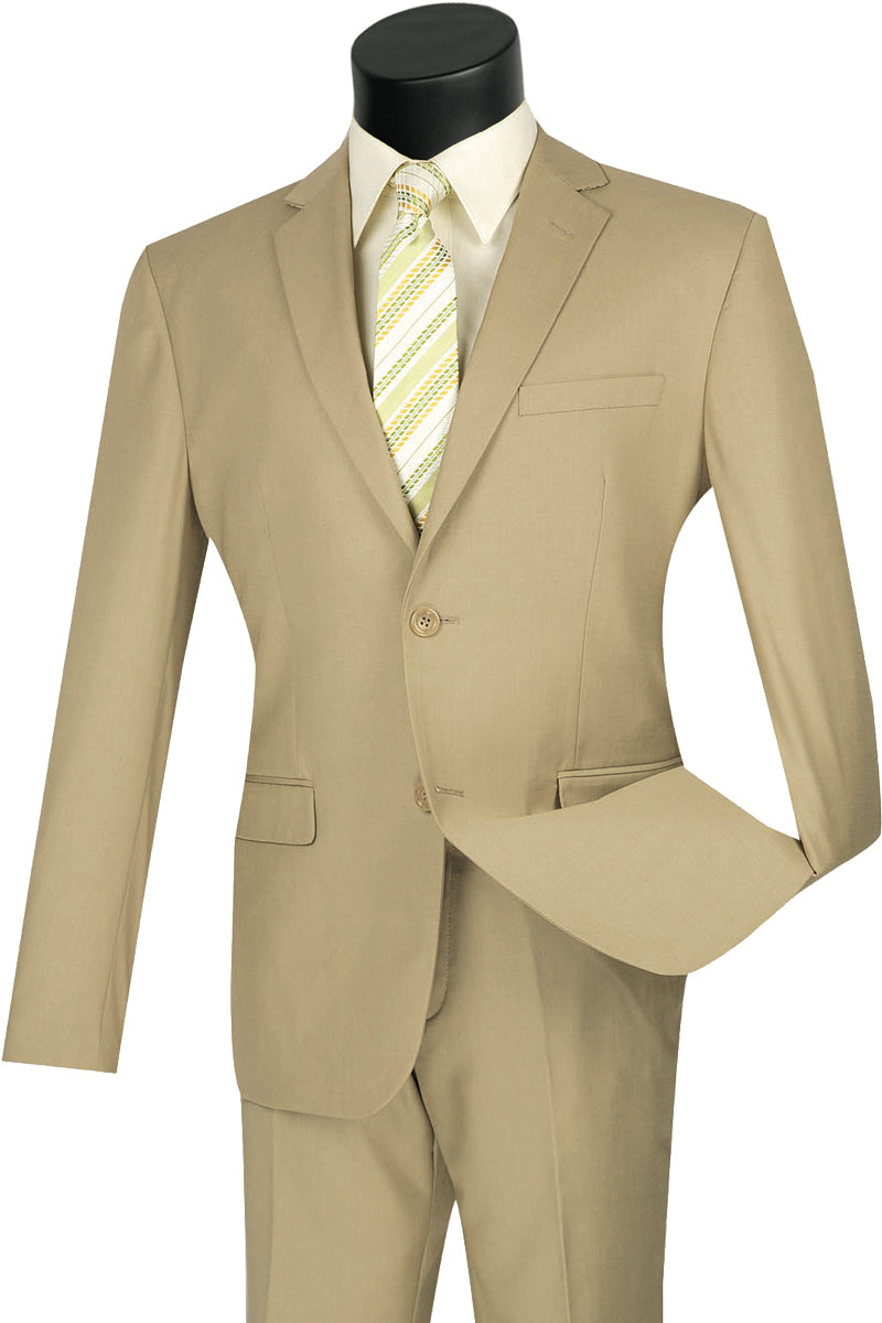 Luxurious Wool Feel,
Single breasted 2 buttons, ultra slim fit, side vents, Flat front pants, solid colorBeige