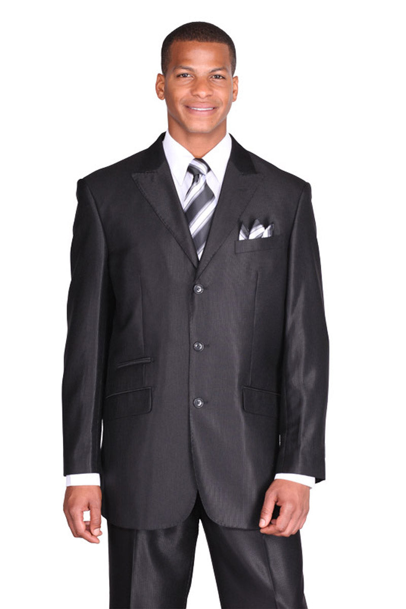 Mens 3 Button Classic Fit Tonal Sharkskin Peak Lapel Suit in Black