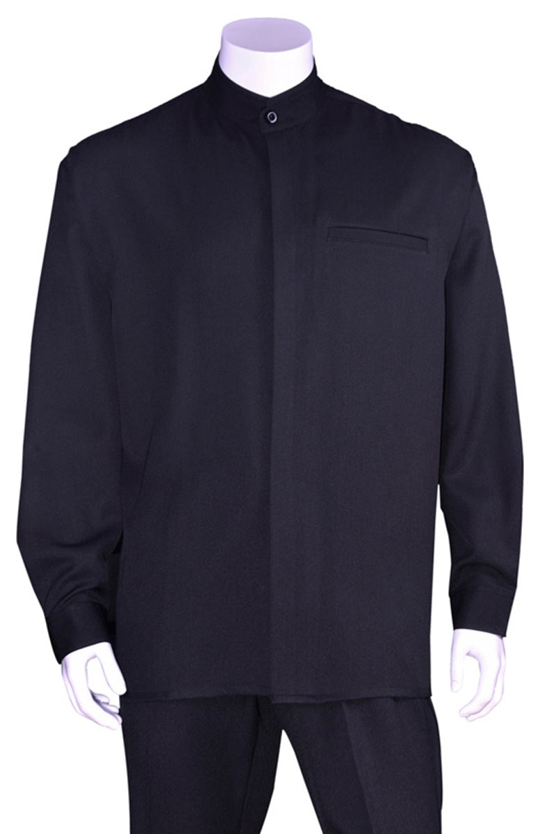 Mens Long Sleeve Mandarin Collar Casual Leisure Set in Navy