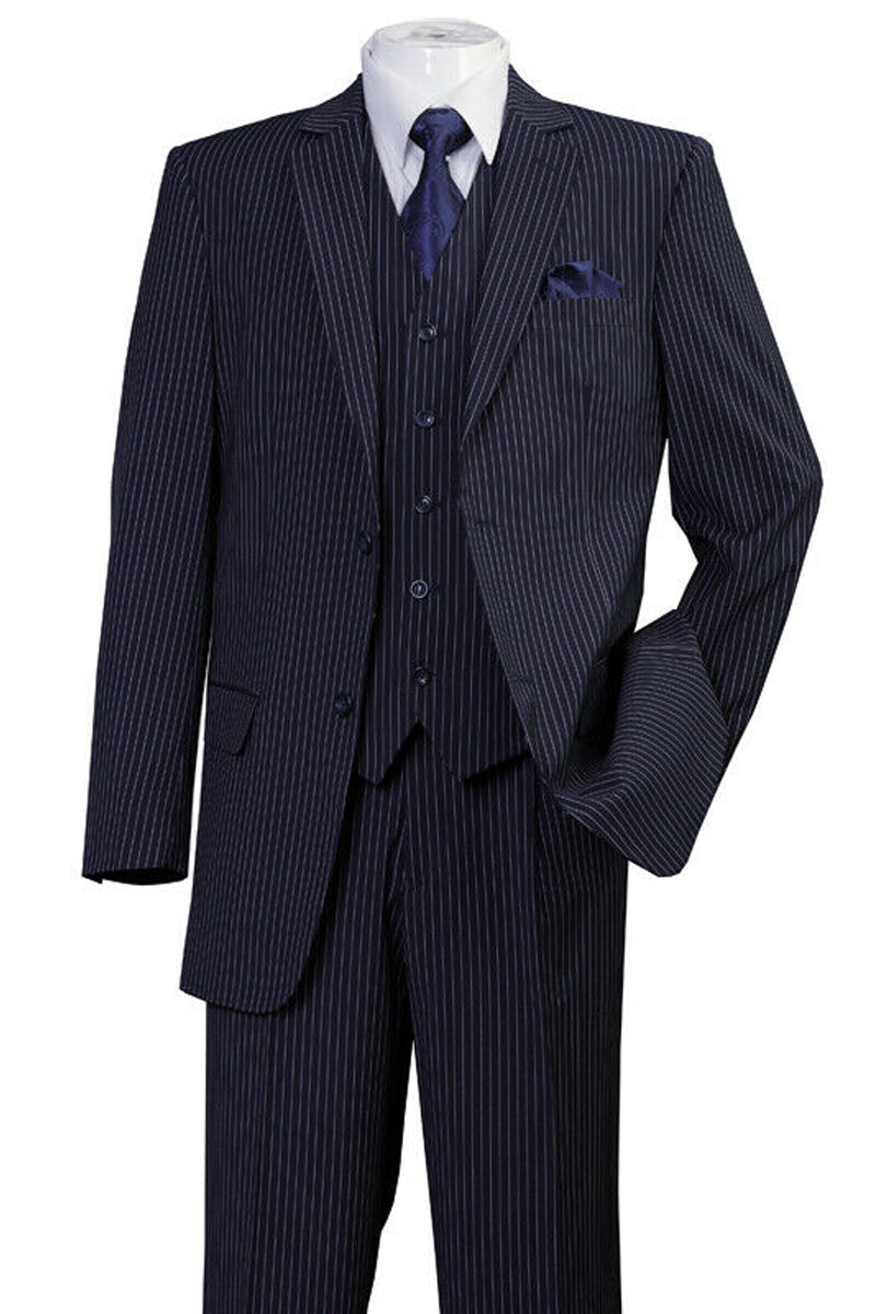 Mens 2 Button Vested Bold Gangster Pinstripe Suit in Navy ...