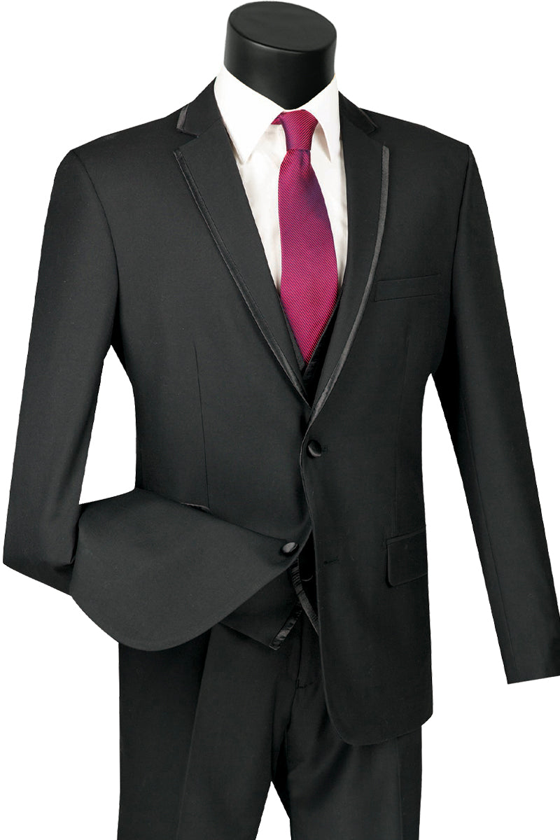 Mens Slim Vested Tuxedo Suit with Satin Trim in Black