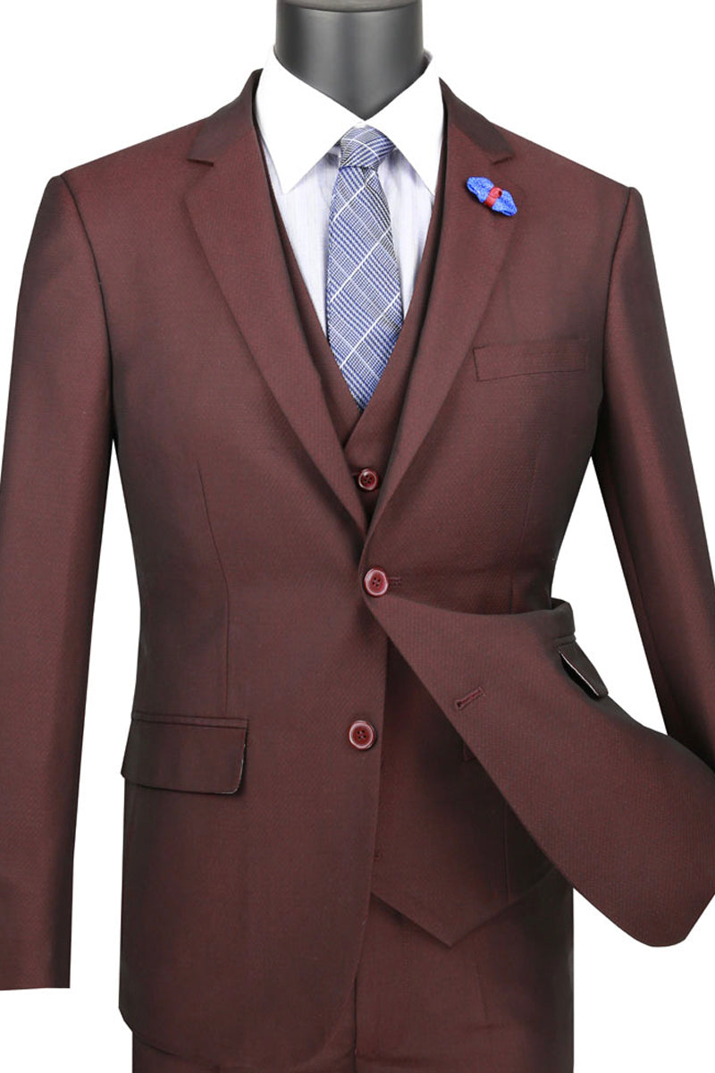 Mens Ultra Slim Fit Vested Textured Suit in Raisin