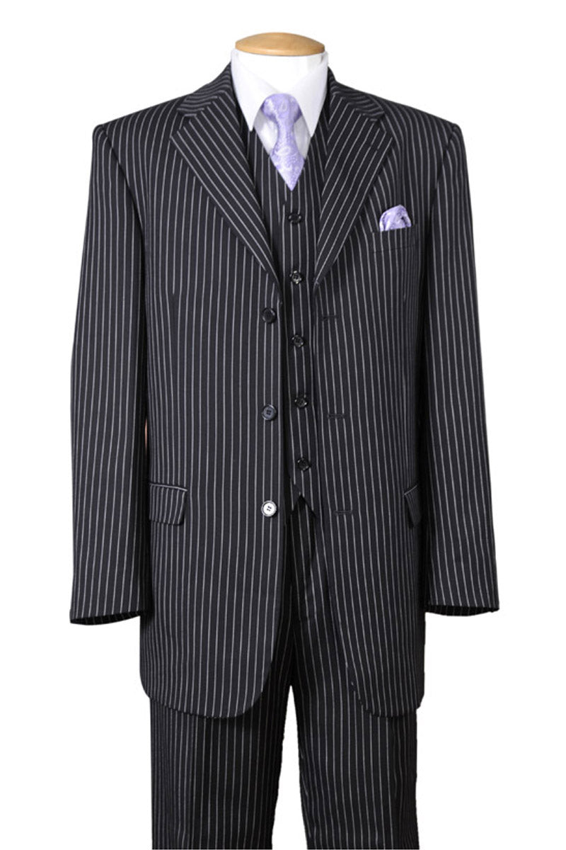 Mens Vested 3 Button 1920's Bold Gangster Chalk Pinstripe Suit in Blac ...