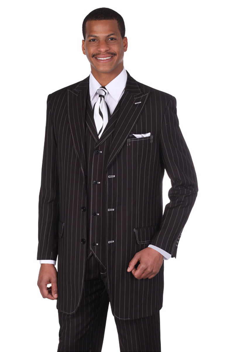 Mens 3 Button Vested Wide Peak Lapel 1920's Gangster Pinstripe Suit in Black/White