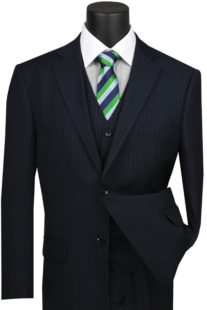 Mens Classic Vested Pinstripe Suit in Black