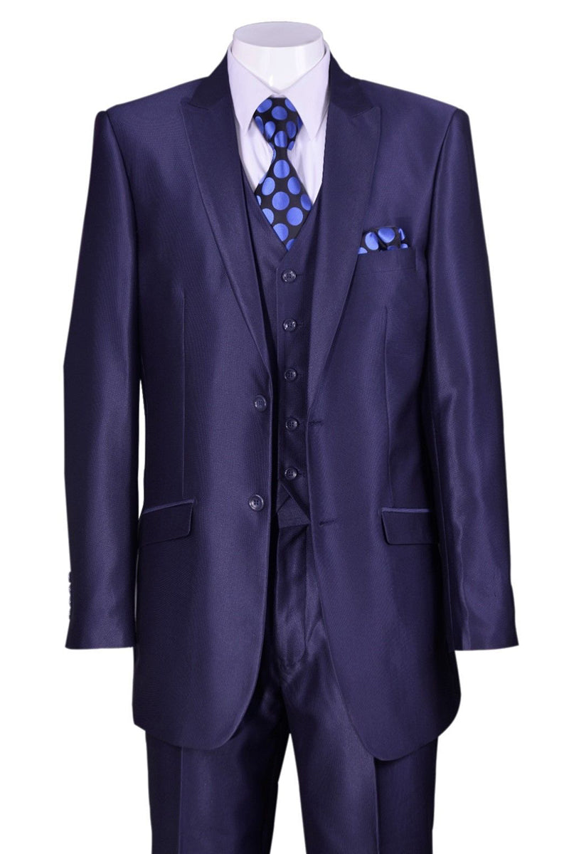 Mens 2 Button Vested Peak Lapel Shiny Sharkskin Suit in Navy ...