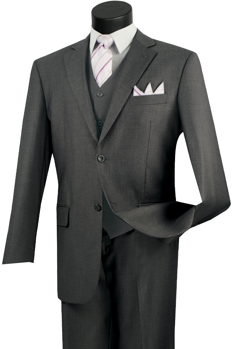 Mens Classic Fit Flat Front Vested Suit in Heather Grey