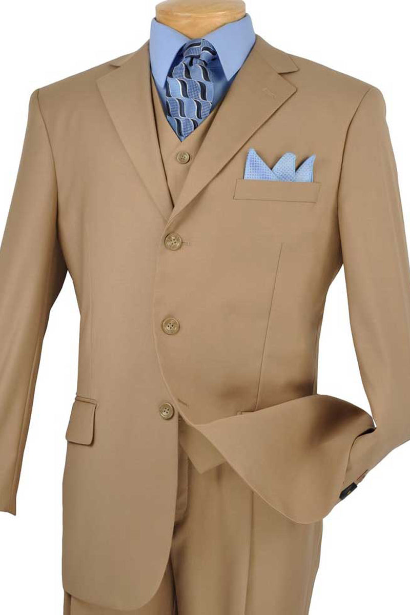 Mens 3 Button Vested Basic Wool Feel Suit in Khaki